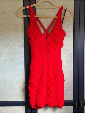 Vintage Y2K bebe Ruched Mesh Fitted Mini Party Dress in Fiery Red, Size S